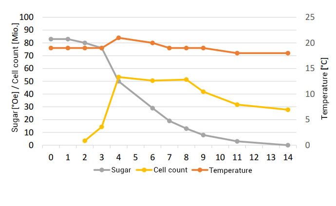 Oculyze FW in practice: Fermentation curve with yeast cell counts